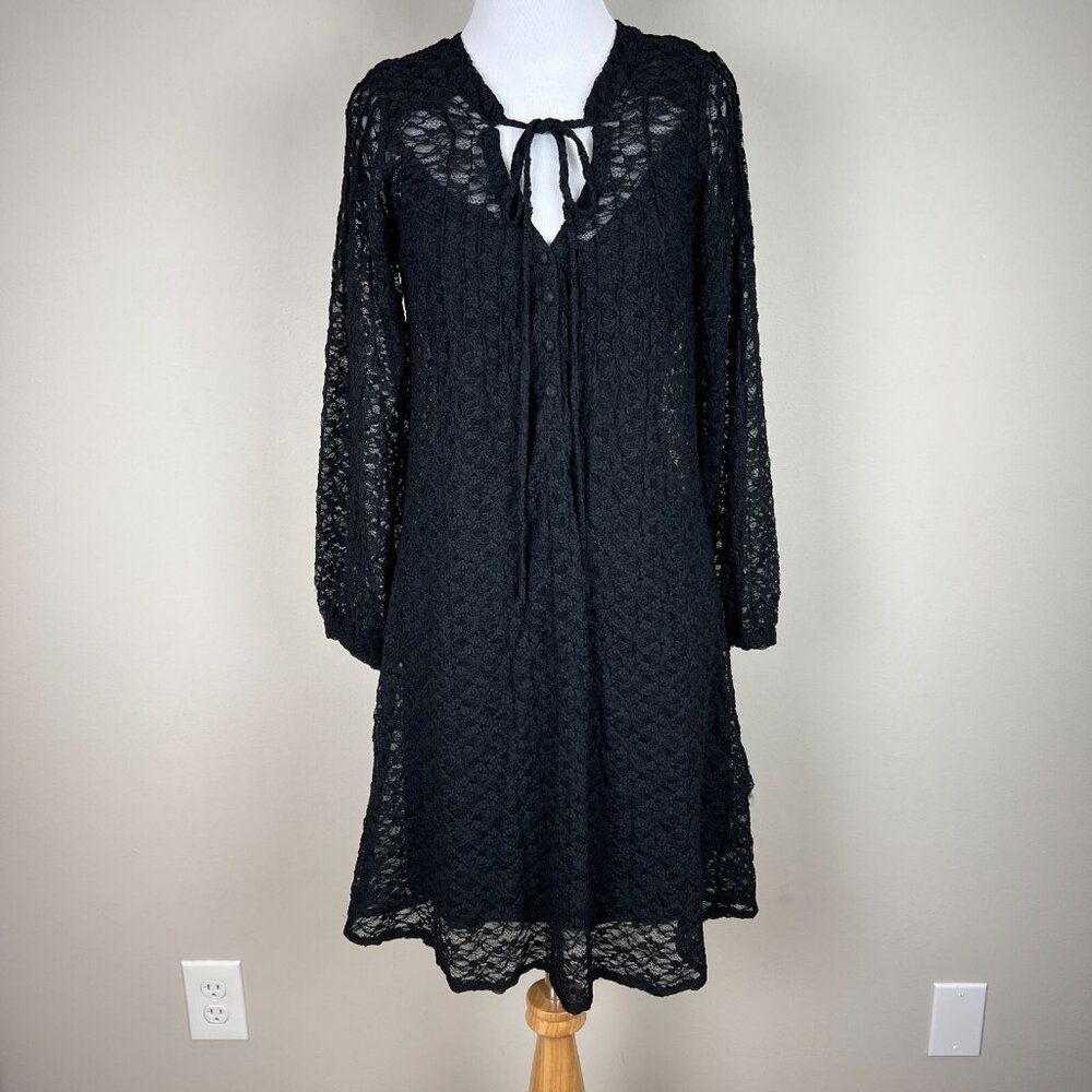 Patterson J Kincaid Dress Women Small Black Lace Floral Lined Long Sleeve V-Neck